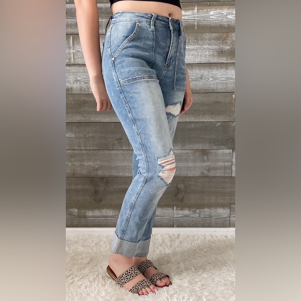judy blue high waist patch pocket destroyed boyfriend jeans medium JB88825REG MD - Picture 7 of 16